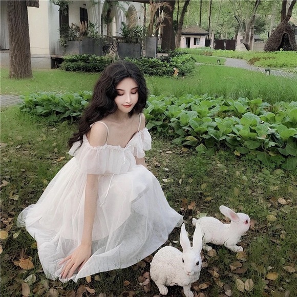 Lace dress Ruffle off shoulder womens lace up cream beige - Picture 9 of 14